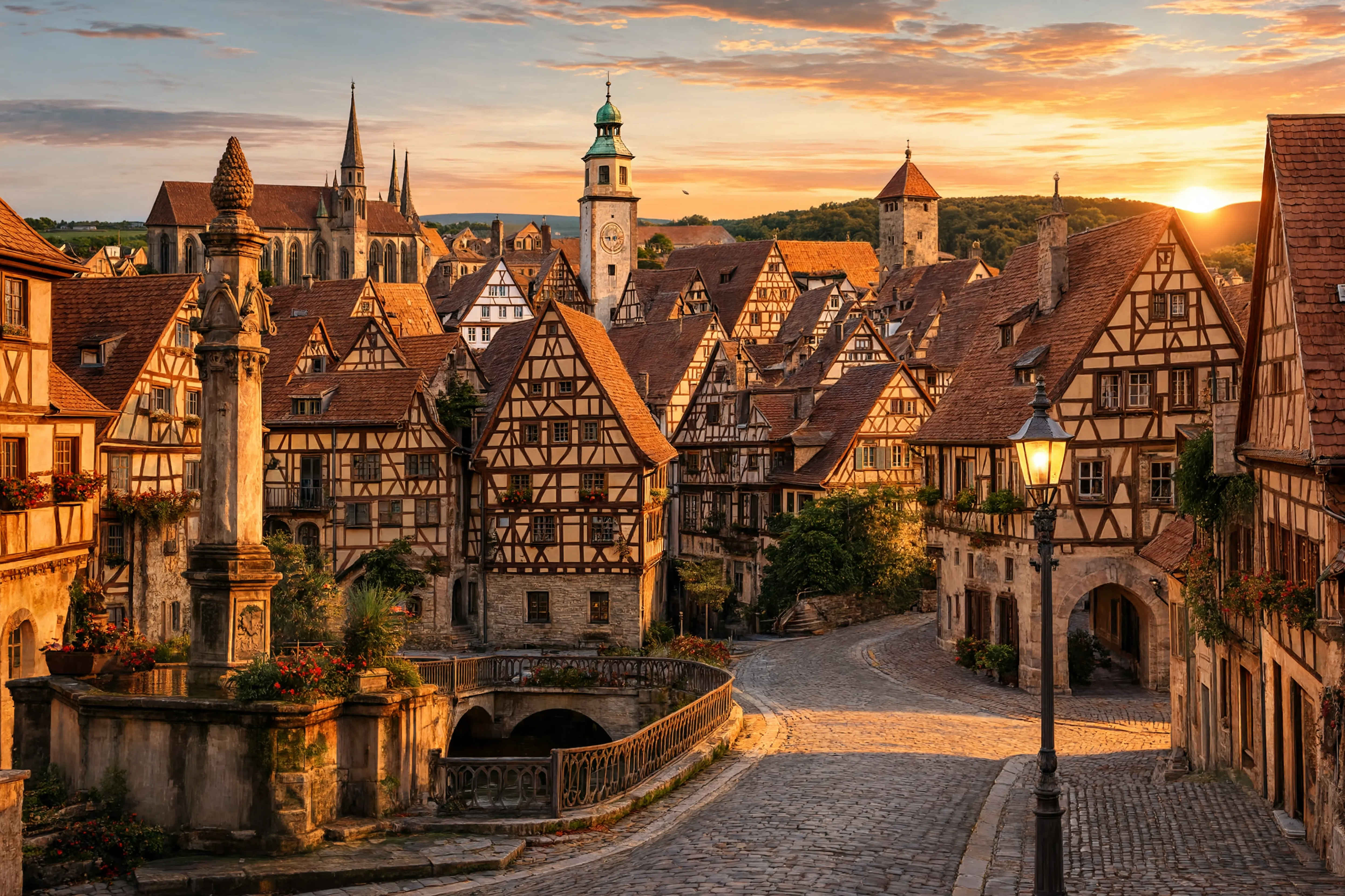 Mittelalterliche Altstadt Rothenburg ob der Tauber im Abendlicht