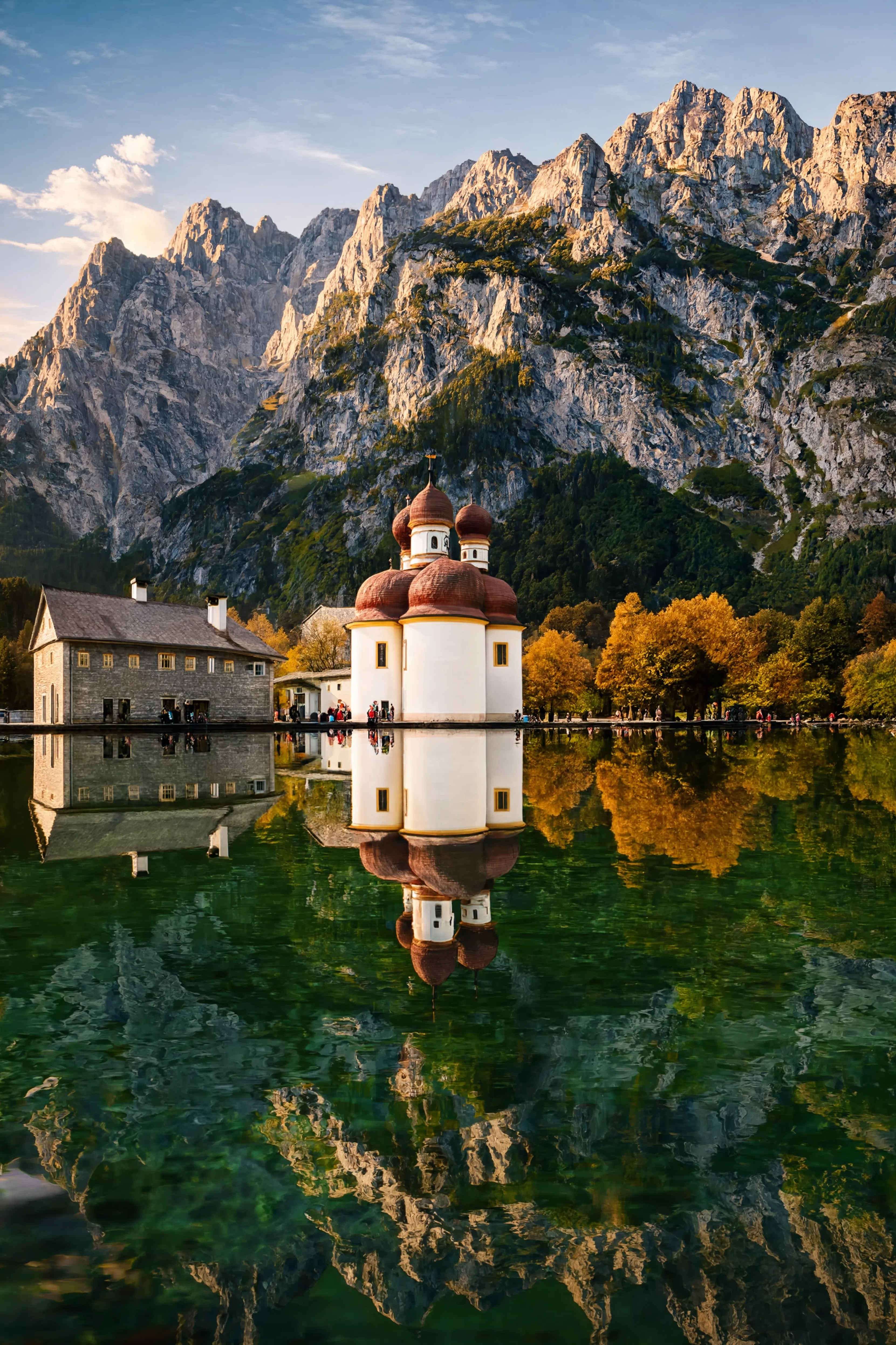 Königssee in Bayern — smaragdgrünes Wasser vor Alpengipfeln im Herbst