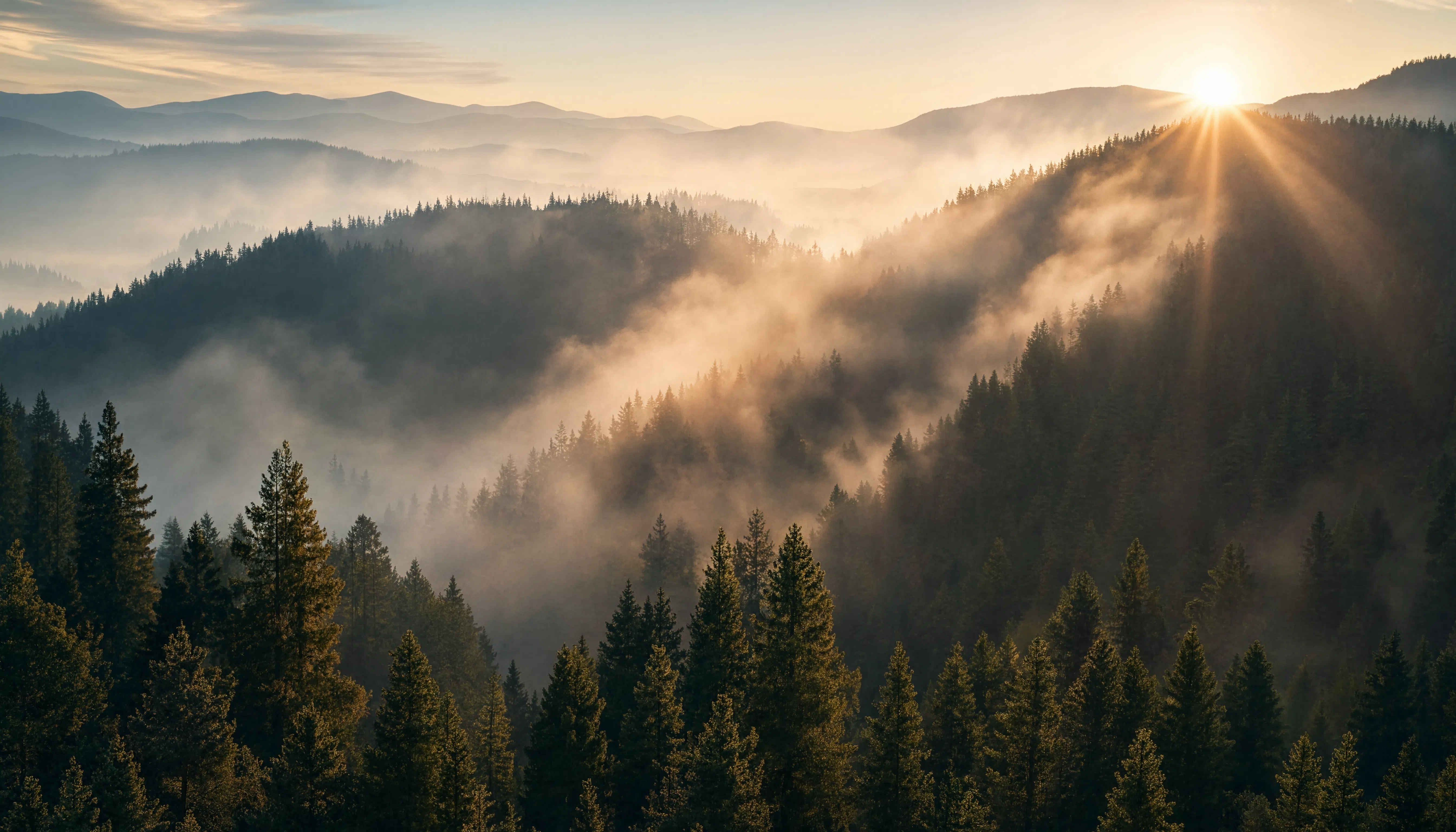 Morgennebellandschaft im Schwarzwald — urwüchsige Wälder und sanfte Hügel