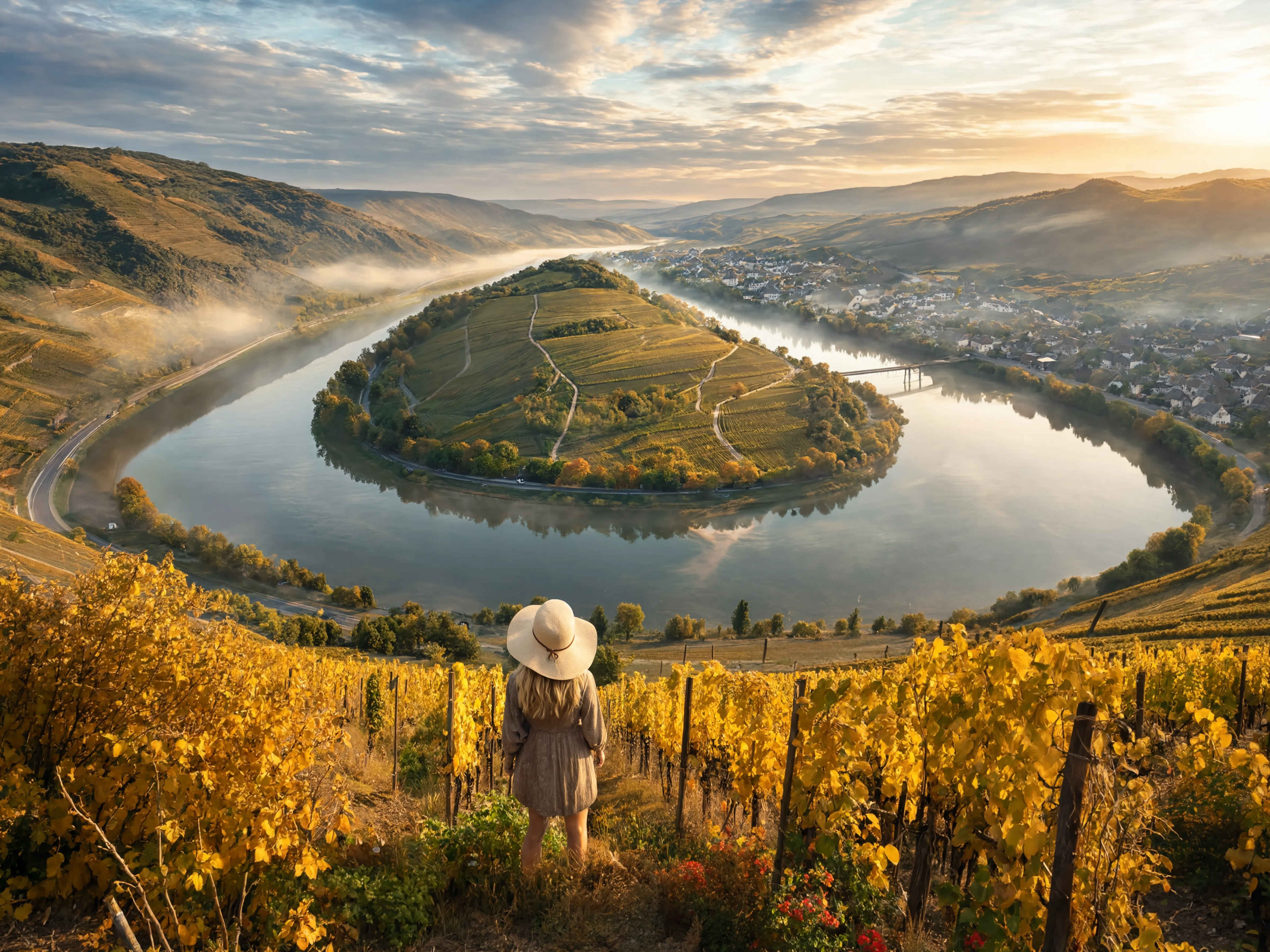 Moselschleife bei Bremm — Weinberge spiegeln sich im ruhigen Fluss