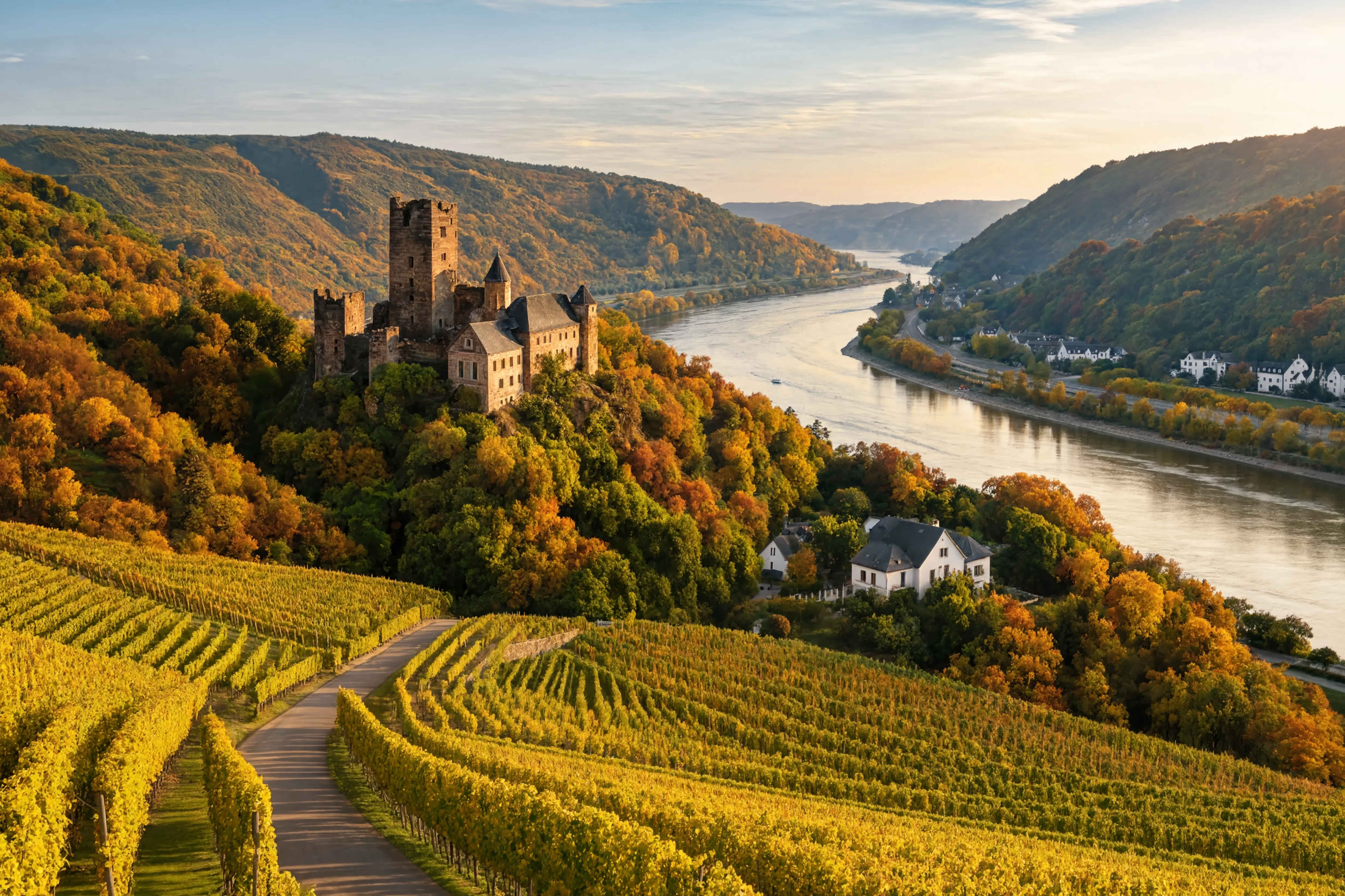 Mittelrheintal mit Weinbergen und historischen Burgen im Morgenlicht